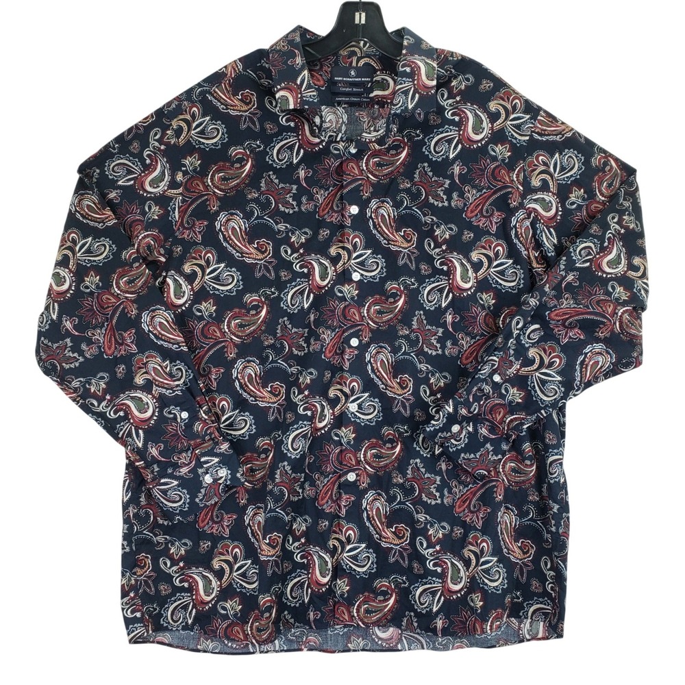 Hart Schaffner Marx Comfort Stretch Paisley Shirt Mens XXL Navy Blue Boho Preppy